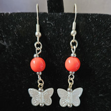 Silver Tone Butterfly Red Bead Dangle/Drop Hook Earrings for Lobe