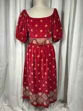 VTG Victor Costa Red Velveteen Midi Party Dress Womens 10 Belted Puff Gold EUC