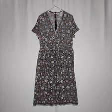 Eliza J Dress 16 Brown Mint Floral Ruched Waist Stretch Short Sleeve Zip Modest