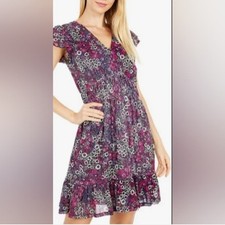 NWT Michael Michael Kors Purple Floral V-Neck Cap Sleeve Knit Fit & Flare XS