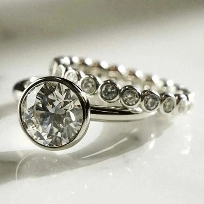 14K White Gold Plated 3Ct Round Lab Created Diamond Wedding Bridal Ring Set