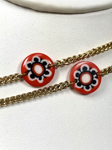 Vintage Bozart Italy Millefiori Glass Necklace Red Blue White Flower Lovely 40"! - Picture 3 of 11