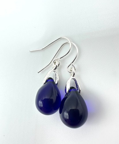 Dark Cobalt Blue Czech Glass Teardrop Earrings - Small colourful and lightweight - Picture 2 of 3