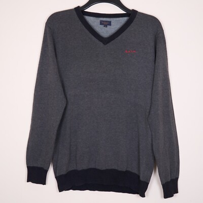 Paul Smith Herren grau bestickt Logo Strick Langarm V-Ausschnitt Pullover XL