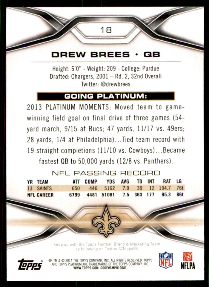 2014 Topps Platinum. Drew Brees Football Cards #18 - Image 2 of 2