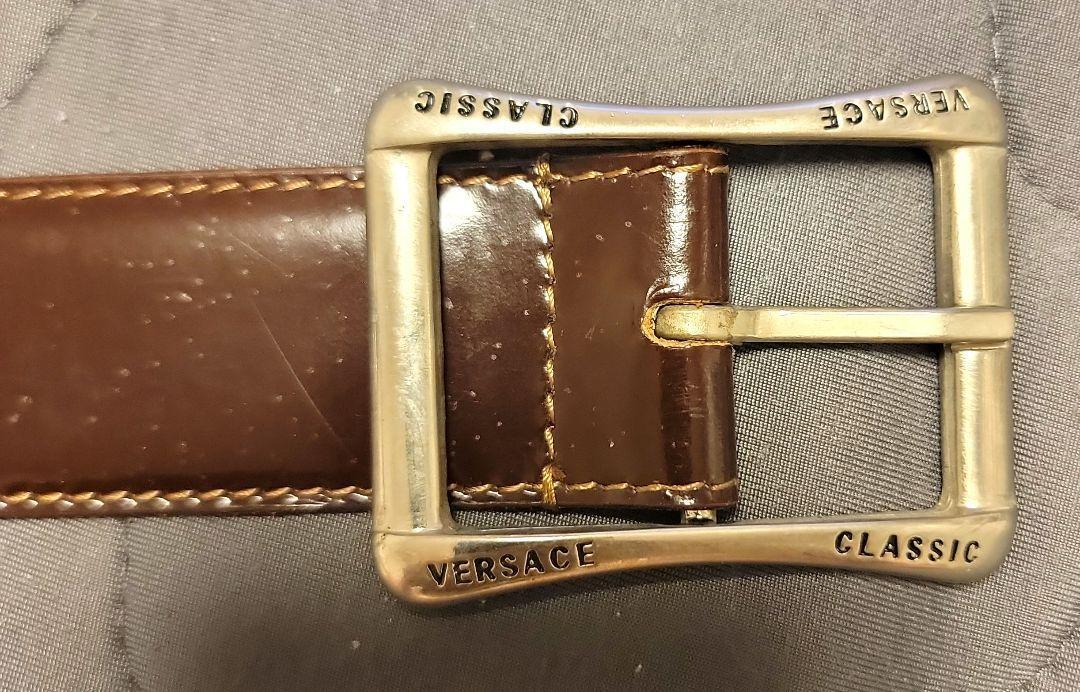 VERSACE Classic Leather Belt Brown Gold Buckle Hardware
