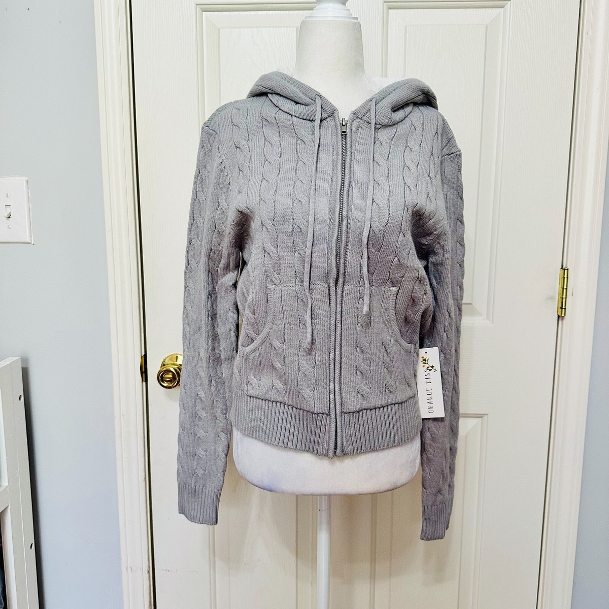 ORANGE KISS CABLE KNIT FULL ZIP FAUX FUR LINED HOODED DOVE GRAY
