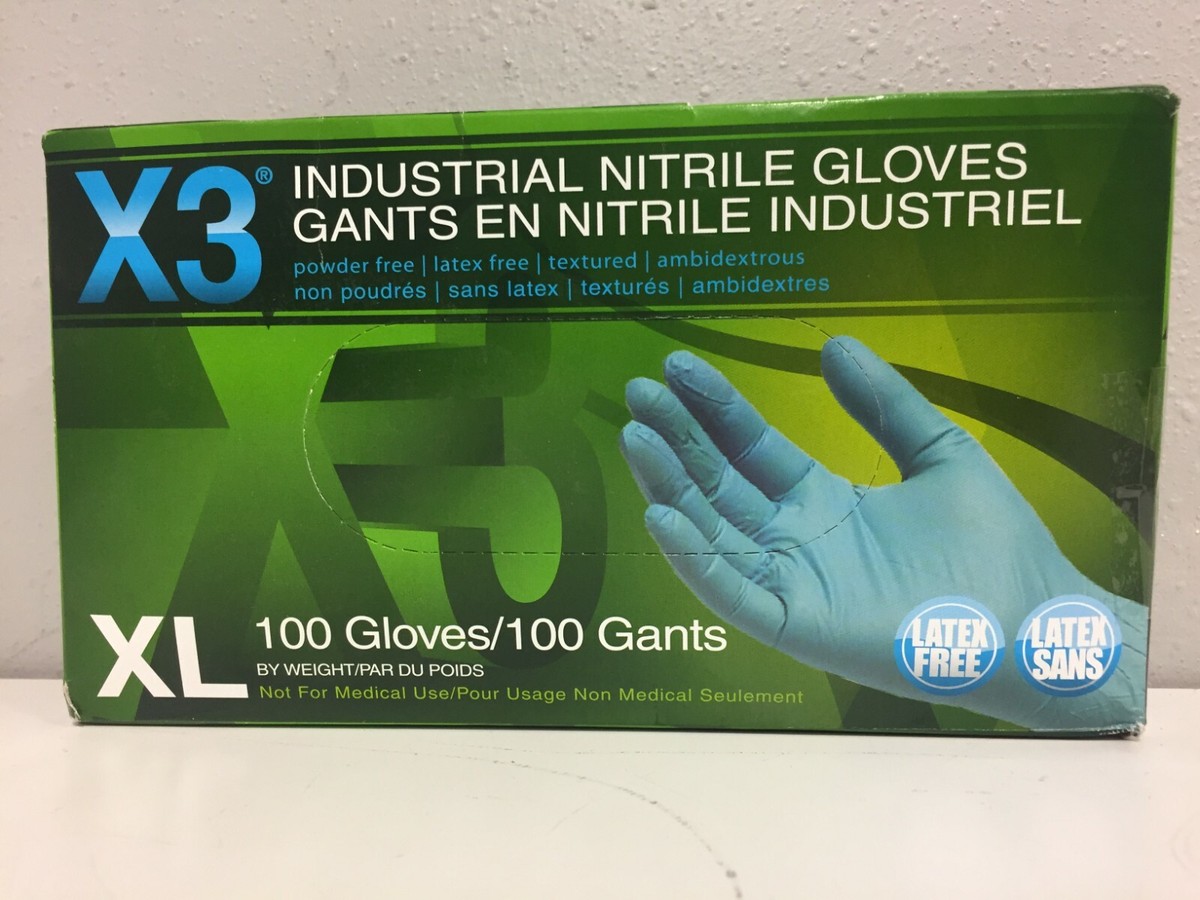 X3 X348100 Nitrile Disposable Gloves X-Large Blue Powder Free 100