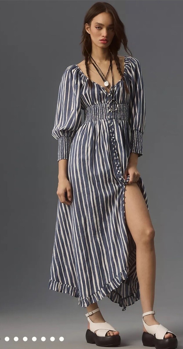 Anthropologie Long Sleeve Sweetheart Midi Maxi Dress Printed Blue Motif S NWT