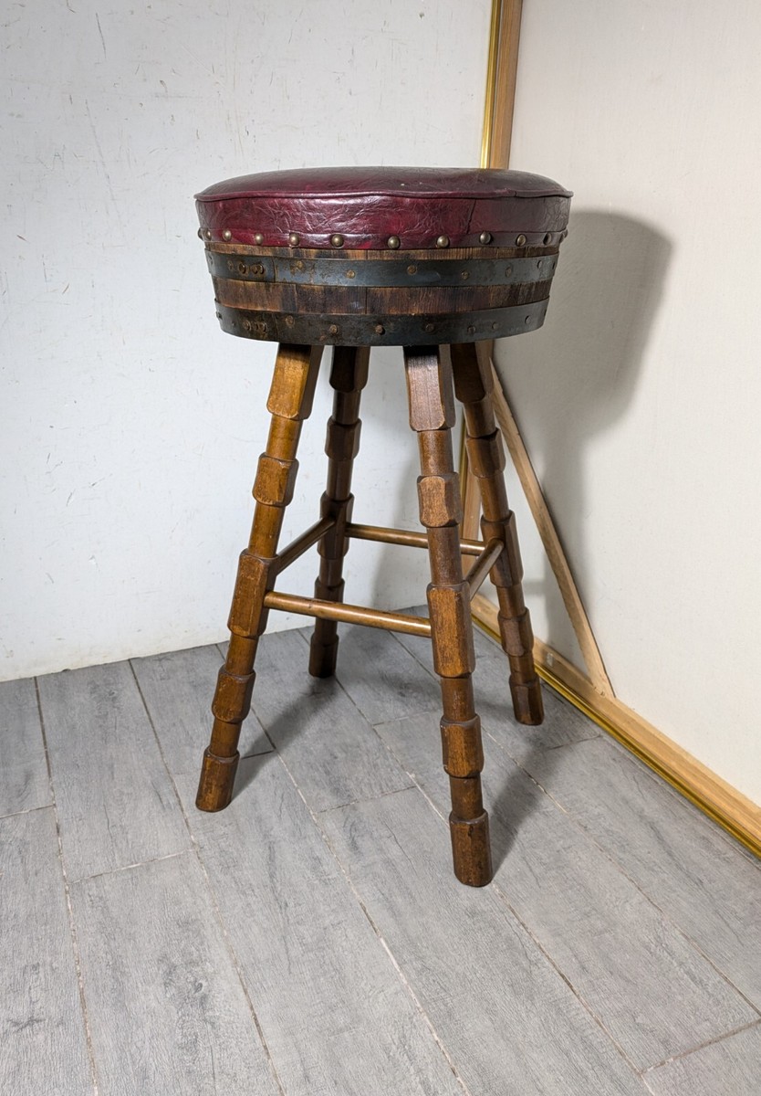 Vintage Rustic Carved Wood Whiskey Barrel Bar Stool Round Vinyl