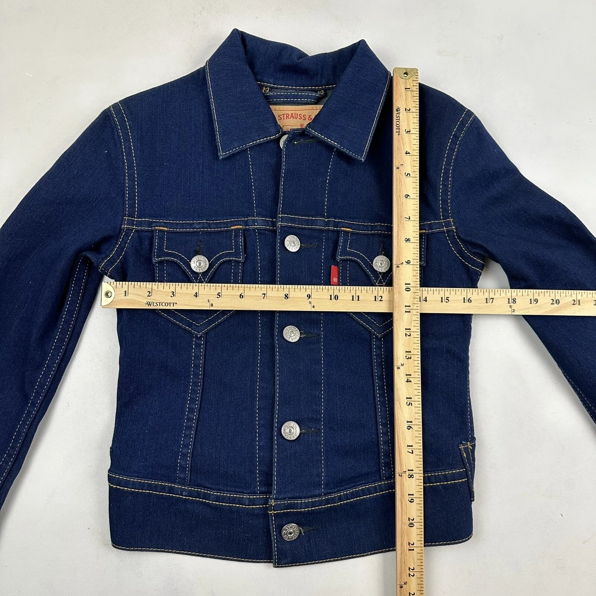 Levi s L S Iconic Jacket Type 1 Button Front Dark Wash Denim Jean Stretch Sz S