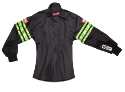 RaceQuip Single Layer Fire Suit Jacket Black w/Green Stripes - Kids Large