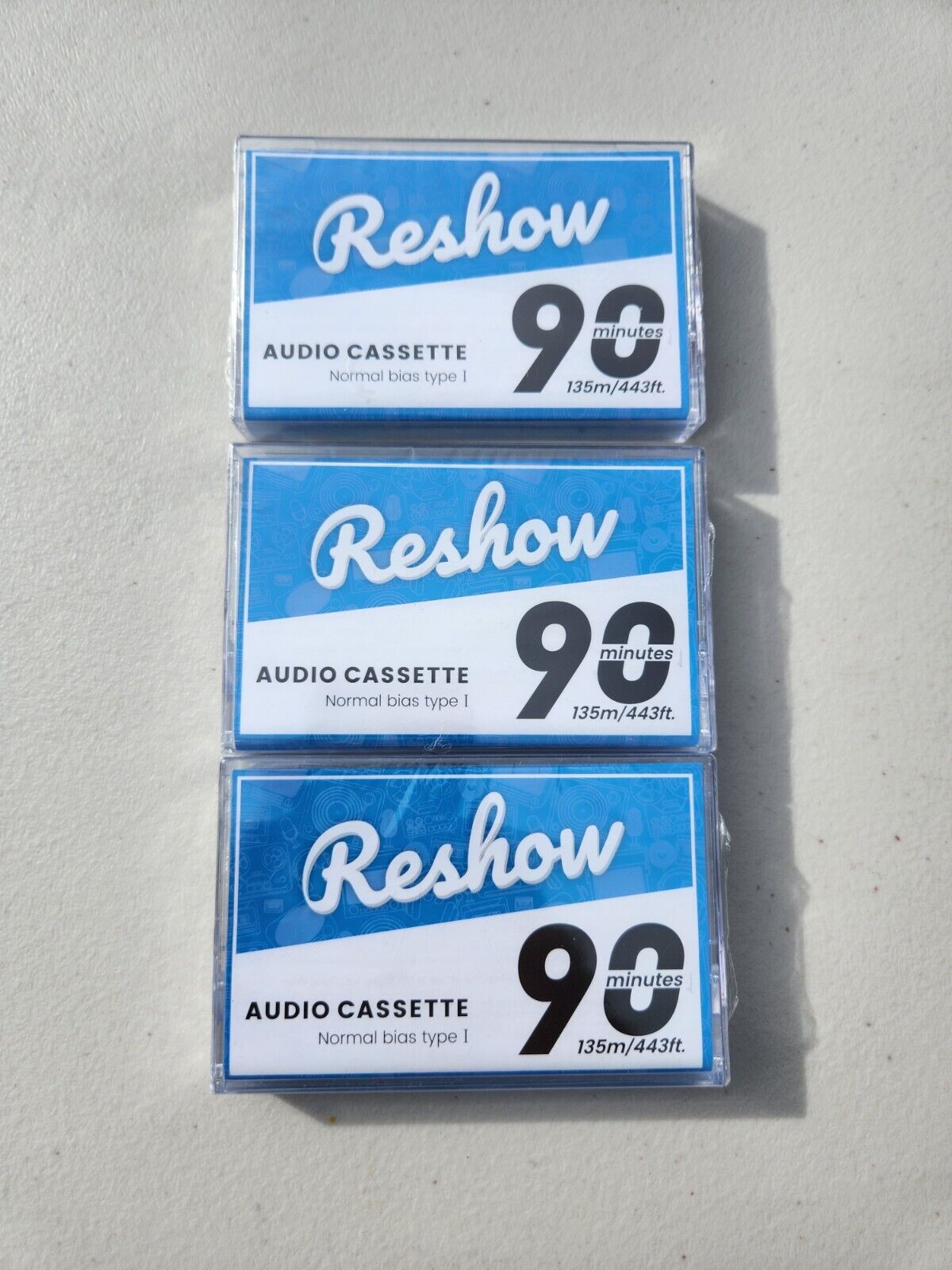 Set Of 3 Reshow Blank Audio Cassette Tapes With Plastic Covers 90 Minutes 