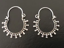 925 Sterling Silver Hoop Earrings Tribal Ethnic Indian Filigree Spike Pattern