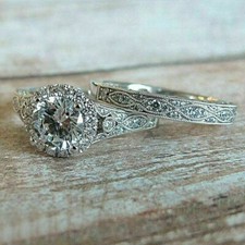 Vintage Art Deco Round Cut Lab Created Diamond Wedding White Gold Finish RingSet