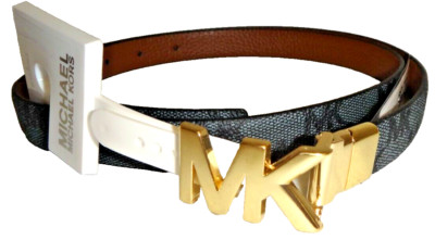 MICHAEL KORS MK Signature Reversible Belt Black / Brown Leather Gold Logo Size L
