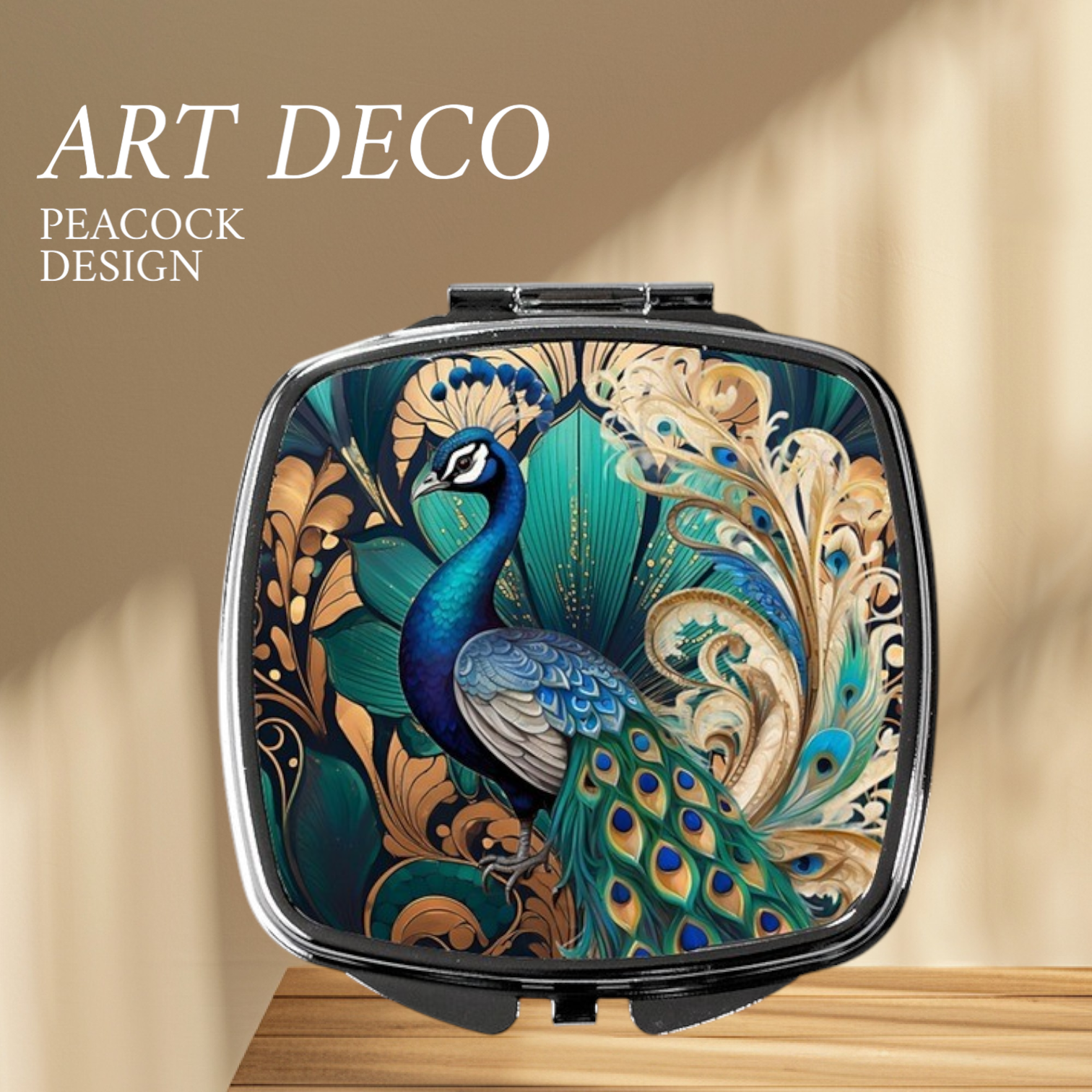 Art Deco Peacock Teal Gold Compact Vintage Handbag Makeup Mirror