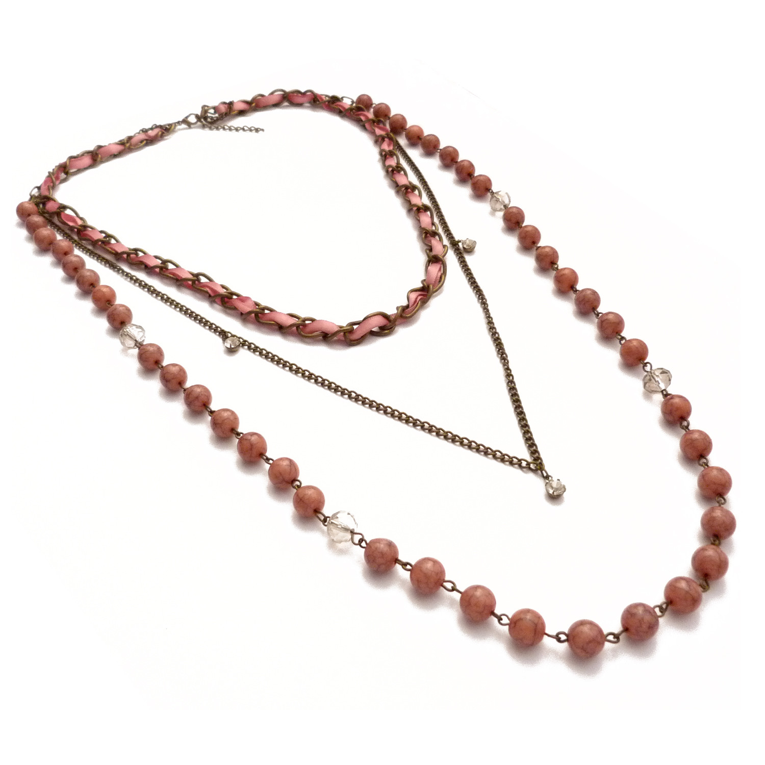 Sautoir chaîne bronze de créateur collier long perles satinées rose