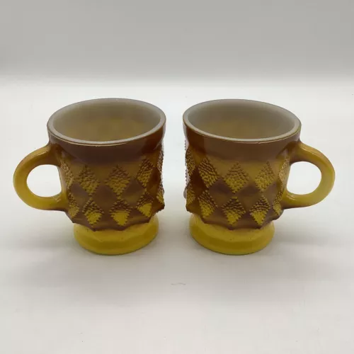 Vintage Anchor Hocking Fire King Yellow Ombre Kimberly Diamond Mugs Set of 2