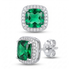 Birthstone Stud Earrings Cushion Cut Halo Sterling Silver 925
