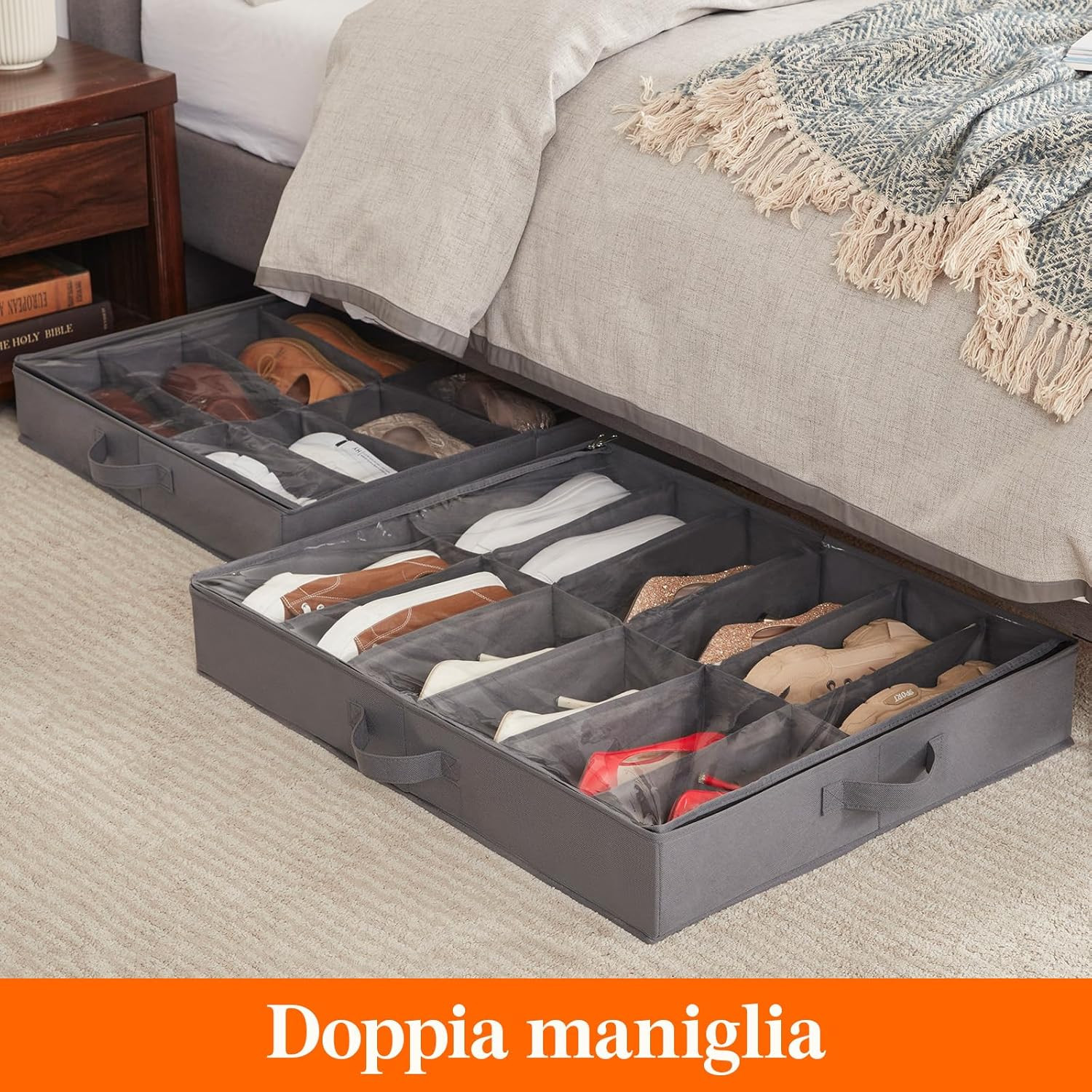 Set 2 Organizer 24 Paia Organizer Scarpe Sottoletto Con Finestra - Set Di 2 Scatole Pieghevoli Da 12 Scomparti, Grigio Porta Scarpe