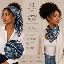 Blush Women's Blue/White Satin Polyester Logo Marine Square Scarf 70x70cm