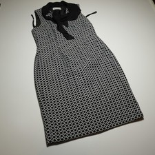 Kasper Sheath Dress Womens XS/S** Classy Black & White Circle Print Bow Tie Neck