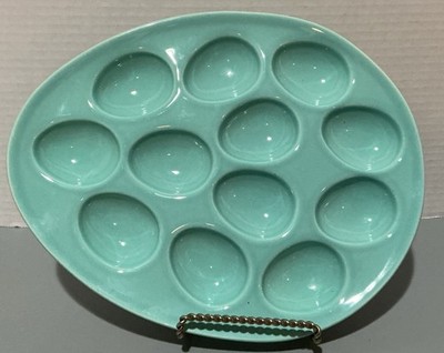 Ceramic Deviled Egg Plate Holder Portugal Server Tray Green Classic