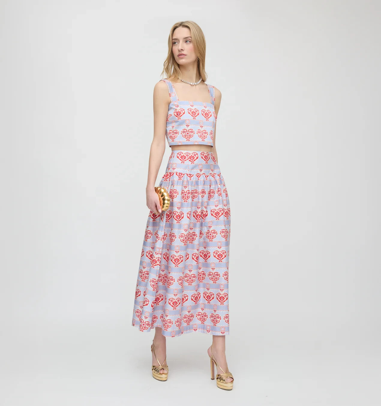 Hill House The Kate Midi Cotton Sateen Skirt in Poppy Damask Stripe Size XL