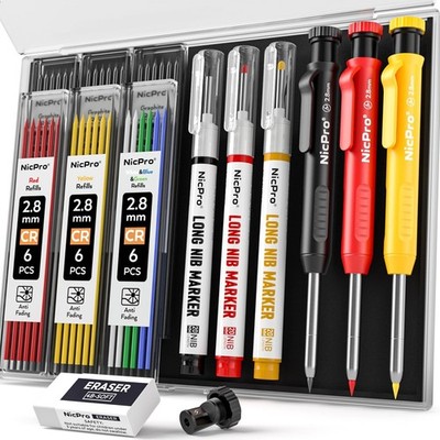 Nicpro 3 Pack CP1000 Carpenter Pencils with Sharpener, Deep Hole Long Nib Marker