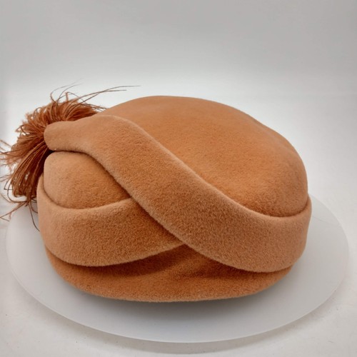 Vintage Peau De Peche Pillbox Hat Fascinator Womens 7 Orange Velour Wool Feather
