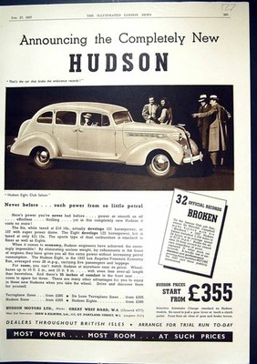 Alte Werbung 1937 Hudson Eight Club Saloon Motor Car Forhans Whi 20th