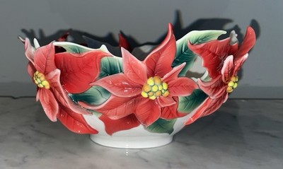 FRANZ Collection Poinsettia Flower Christmas Sculptured Porcelain Bowl ~ Signed