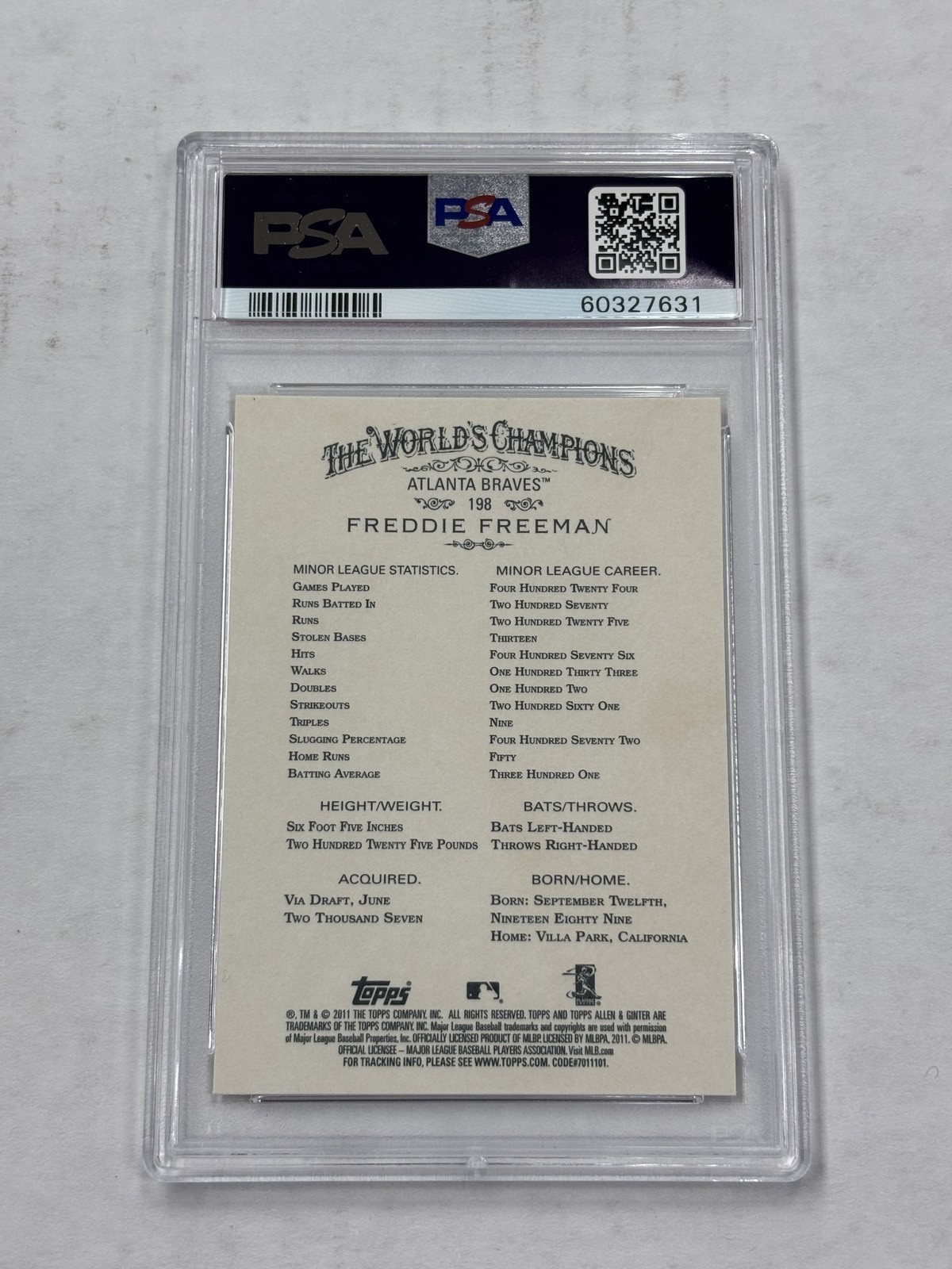 2011 Topps Allen & Ginter #198 Freddie Freeman RC PSA 10 GEM MT view 2