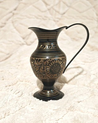 Indische Vintage Vase schwarz gold Metall geätzt graviert