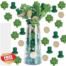St. Patrick's Day Glitter Foam Vase Filler, 60 pcs Green Shamrocks Sticks