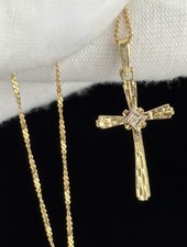 14k Yellow Gold Cross Pendant Sparkly Chain 18  Necklace Fine 2.66g