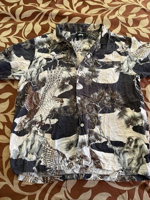 Stussy Camp Shirt Mens Small Gray Falcon Print Loop Collar 100% Rayon
