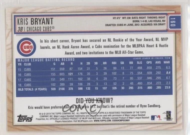 2019 Topps Big League Gold Kris Bryant #160 - Image 2 of 2
