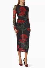 Dolce & Gabbana Poppy Print Ruched Mesh Midi Dress  £1850 NWT IT38/UK6