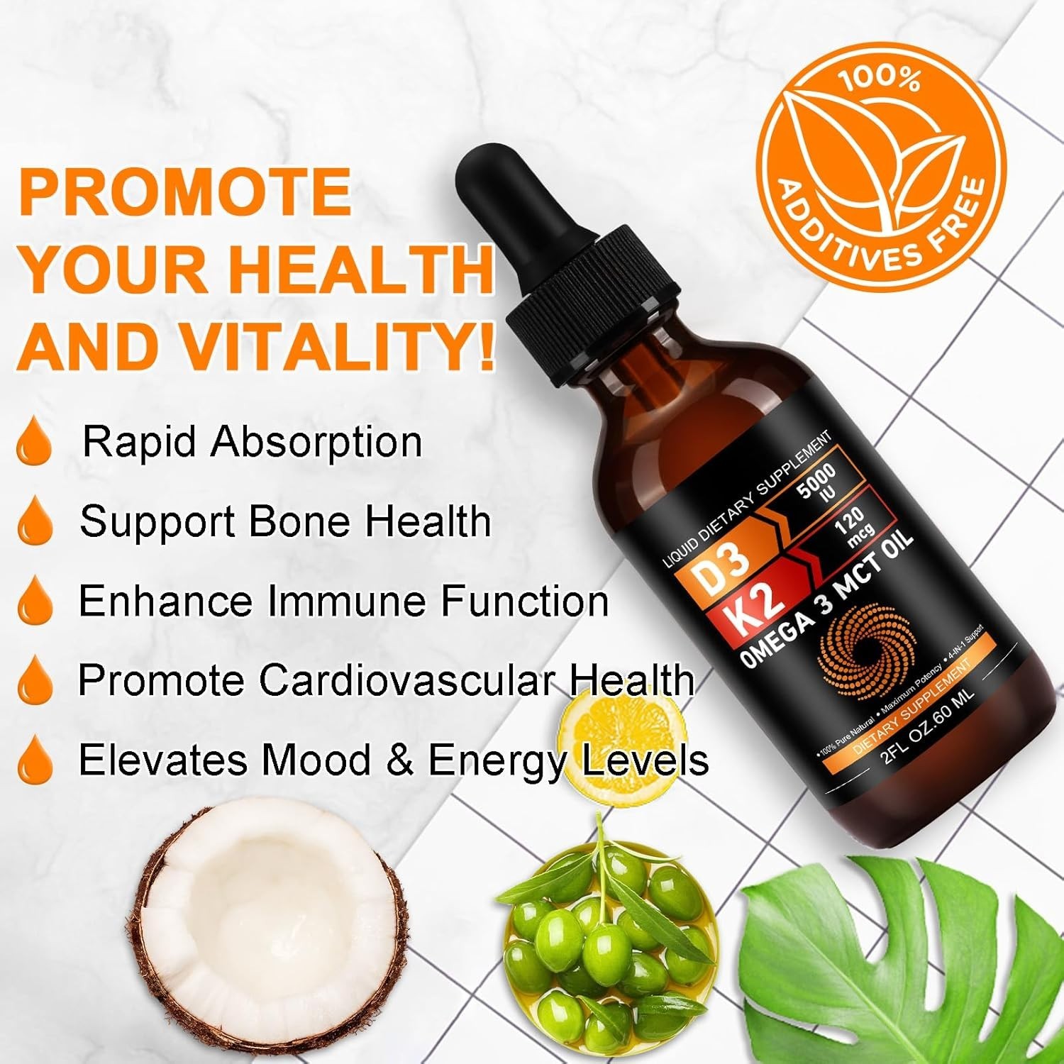 Liquid Vitamin D3 K2 5000 iu & 120 mcg - Vitamin D with MK7 Vitamin K2 Drops - B