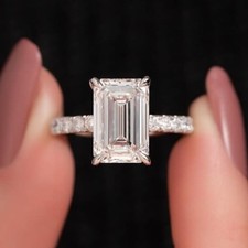 3.50CTW Emerald Cut Moissanite Hidden Halo Engagement Ring 14k White Gold Plated