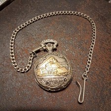 Vintage Quartz Locomotive Pocket Watch with Chain and Case Steampunk