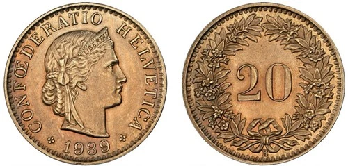 1939-B Switzerland 20 Rappen- NGC MS63, KM29a - Bern Mint-Golden Hue Toning