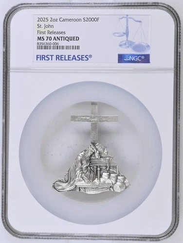 2 Oz Silver Coin 2025 Cameroon St. John Antiqued High Relief NGC MS 70 POP 5