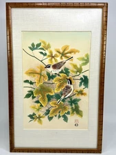 Shizuo Ashikaga: Bunting and Fatsia Japonica Woodblock Print Uchida Art Co Japan