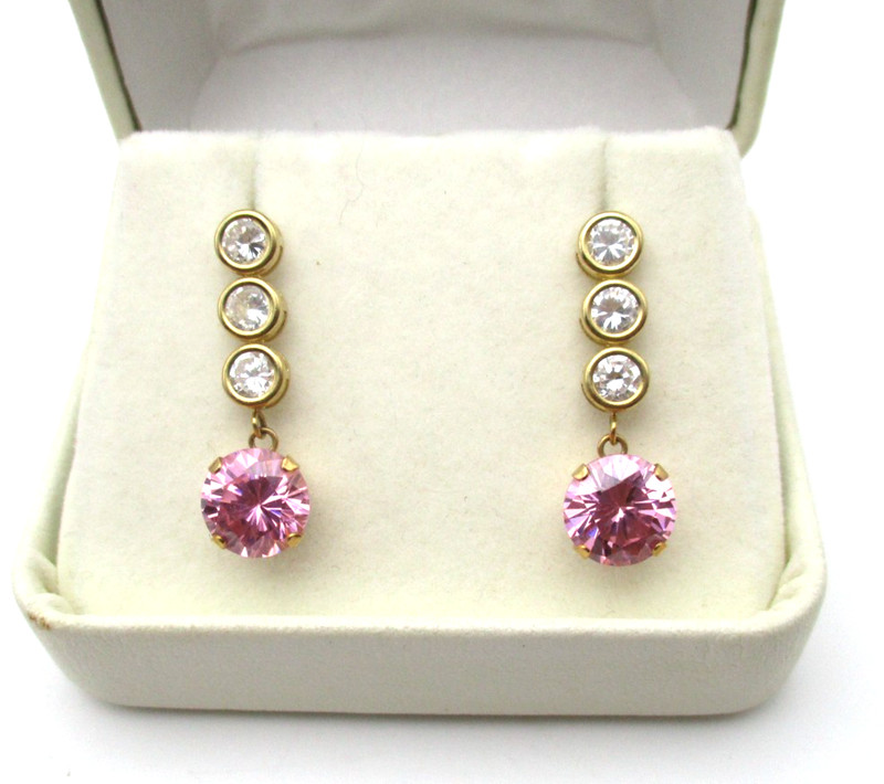 14K Yellow Gold Pink & Clear Stone Drop Earrings 3.3 Gr [E375]