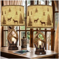 Scenekoy Rustic Farmhouse Antlers Table Lamp Set of 2 with Nightlight Dual US...