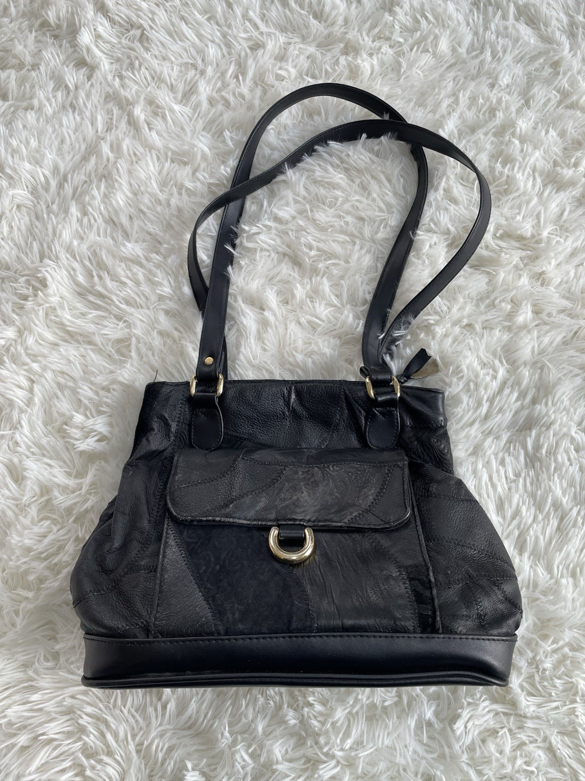 Mitzi Lorenz Black Patchwork Shoulder Bag Gold Ha… - image 1