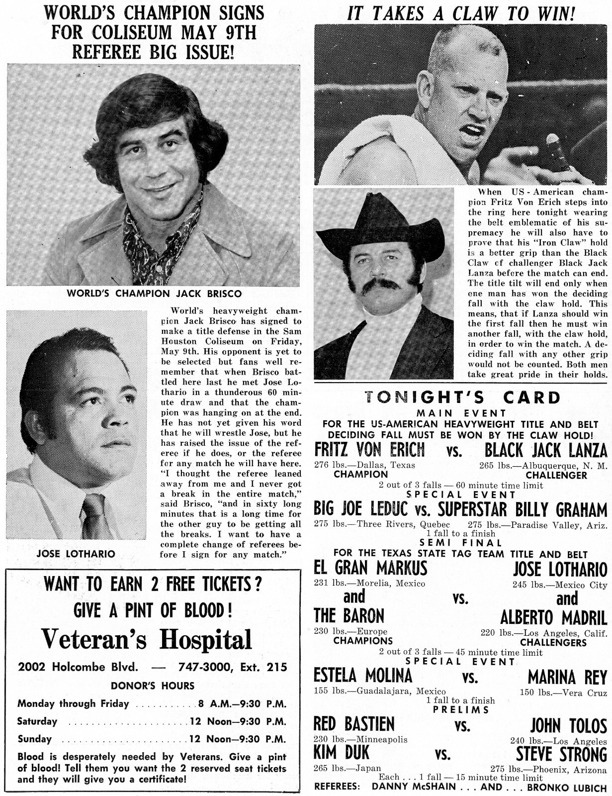 Wrestling Program Texas. Apr26/75 American Belt. Fritz Von Erich vs. B